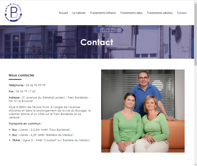 Page contact du site Ortho PB avec photo de l'équipe médicale.
